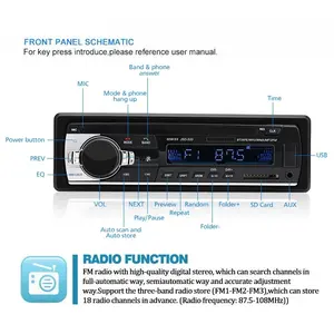 مشغل راديو إستيريو للسيارة أحادي 1 Din من المصنع مع مشغل MP3 بلوتوث وراديو FM ووصلة USB دون استخدام اليدين 12 فولت مشغل صوتي MMC WMA مدمج JSD520