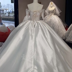 Wx362 Ivory Satin Modern Ball Gown <b>Wedding</b> Dress Appliques Sweetheart Neckline Chapel Train Floor-Length Handmade Lace Waist - Product Image 6