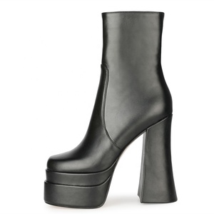 2021 Most Popular Super High Platform Women's <b>Boots</b> Black Thick High Heel Shoes Ankle Fashion Square Toe Side Zip Size 45 - Product Image 2