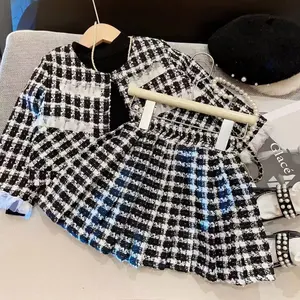 2023 Trendy Toddler Girl Clothing Long Sleeve Single Breasted Plaid Lace Patchwork Coat Skirt 2Pcs Kids Autumn Clothes