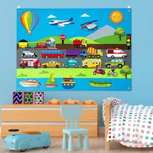 35Pcs veicolo feltro Story Board Set 3.5Ft tema di trasporto Storytelling Cars treno camion aerei barche apprendimento precoce