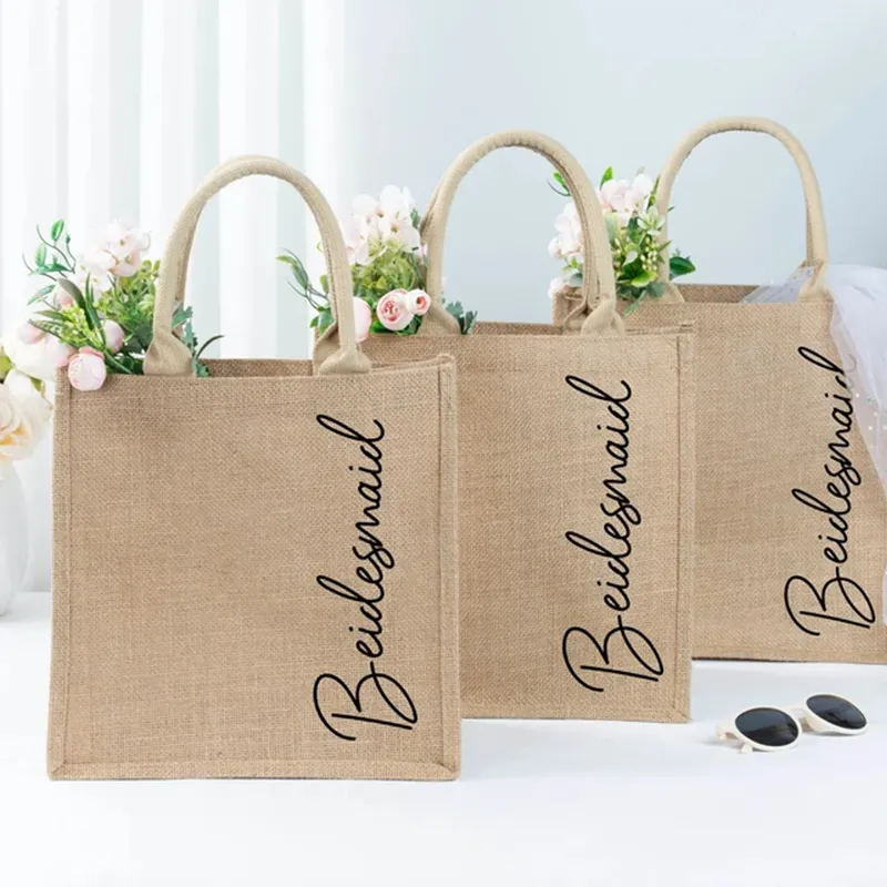 Wholesale Custom Logo Printed Eco Recycle Natural Foldable Reusable Jute Burlap Linen Shopping Tote Bag