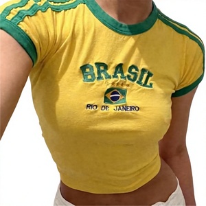 Chemise d'été vintage verte pour <span class=keywords><strong>femme</strong></span>, motif lettres brodées, manches courtes, style débardeur, en polyester, drapeau brésilien - Product Image 1