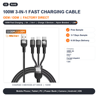 Câble de charge rapide 3-en-1 100W 5A en nylon tressé pour accessoires de téléphone portable – Vente en gros usine