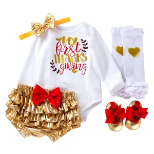 Baby First Thanksgiving Day Romper Set Shoes 4Pcs Clothes Set Wholesale Newborn Girl Bodysuit Infant Baby Turkey Romper Sets