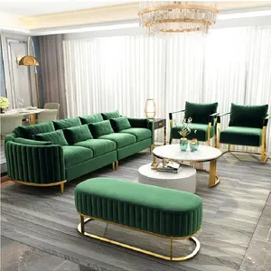 Sofa mewah Italia mebel ruang tamu meja rias melengkung set sofa kain rumah emas baja tahan karat sofa pelapis beludru