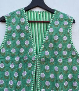 Handmade Cotton Puffer Quilted <b>Women's</b> V-Neck <b>Waistcoat</b> Casual Style Flower Printed Short Winter Vest for Outer Wear - Product Image 3