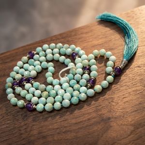 Collier de 108 perles Mala en Amazonite et Améthyste |   Perles de prière en pierres précieuses naturelles facettées |   Bijoux de yoga faits à la main pour femmes - Product Image 1