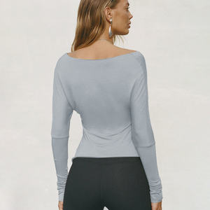 Z-3168 T-shirt femme uni extensible à manches longues, ourlet irrégulier, col rond, tricoté, décontracté, polyvalent, mode, coupe ajustée - Product Image 4