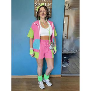 Conjunto Deportivo Color Block de los 80 para Mujer, Chaqueta Cortavientos con Cierre y Pantalones Cortos, Estilo Y2K, Transpirable, para Verano - Product Image 5