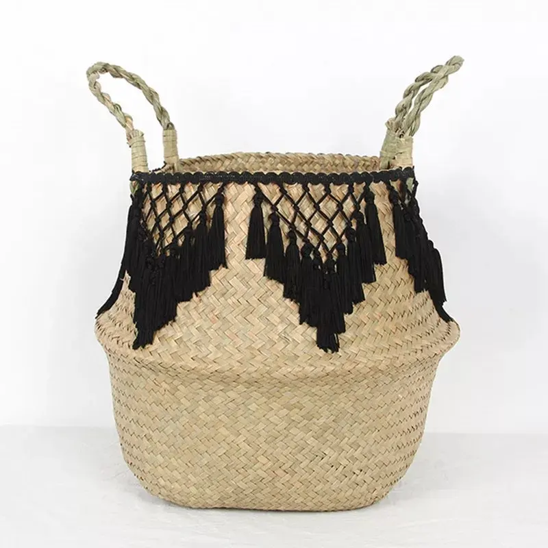 Convenient Handmade Woven Basket Seagrass Storage Belly Basket Laundry Basket for Home