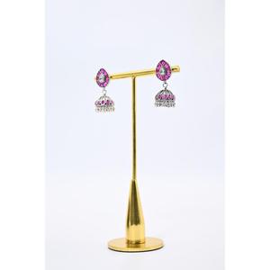 Vintage Oxidised Silver Jhumki Drop <b>Earrings</b> with Pink Rhinestones for Women's Wedding Jewelry - Product Image 3