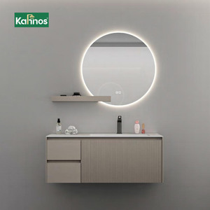 Meubles-lavabos contemporains pour salle de bain avec miroir LED à intensité variable et texture côtelée, ensemble complet pour la rénovation de salle de bain - Product Image 1
