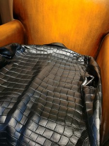 Men's crocodile <b>leather</b> <b>jacket</b> Formal winter coat 100% crocodile <b>leather</b> <b>Long</b> turn-down collar - Product Image 2