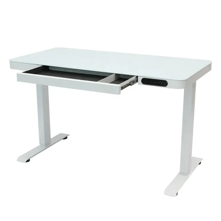 Hoogte Verstelbare Zwart 55 Inch Glas Top Bureau Sit Stand I Vormige Bureau Met Lades