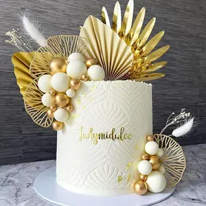 Champagne Gold Ball Cake Decoration Cake Topper Balls Palm Leaf Cake Decoration For Party Birthday Decorations