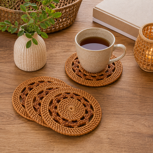 Plateau décoratif rond en rotin tressé à la main, accent de table rustique naturel pour la maison, l'hôtel, la station balnéaire, décoration intérieure bohème - Product Image 3