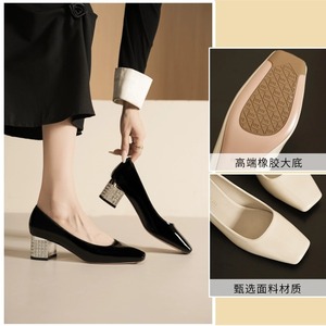5688-3 Square Toe <b>Block</b> Heel Pumps With Rhinestones Formal Women's Shoes Medium Heel Solid Color Pu Lining <b>Rubber</b> Outsole - Product Image 5