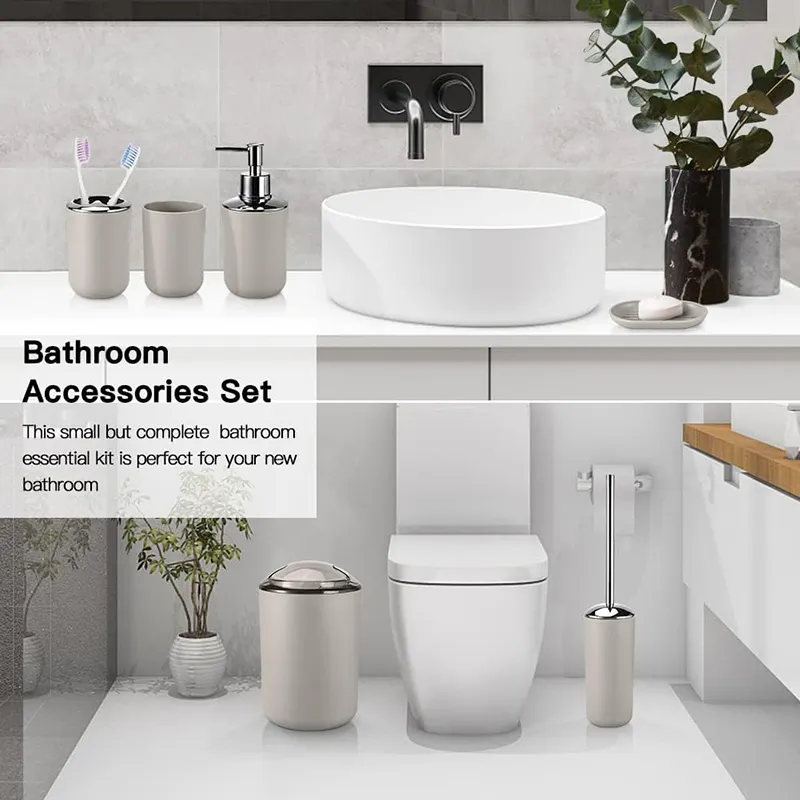 Bathroom Accessories Set 6 Piece Includes Toothbrush Toilet Brush Holder Lotion Dispenser Tumbler Soap Dish Trash Can