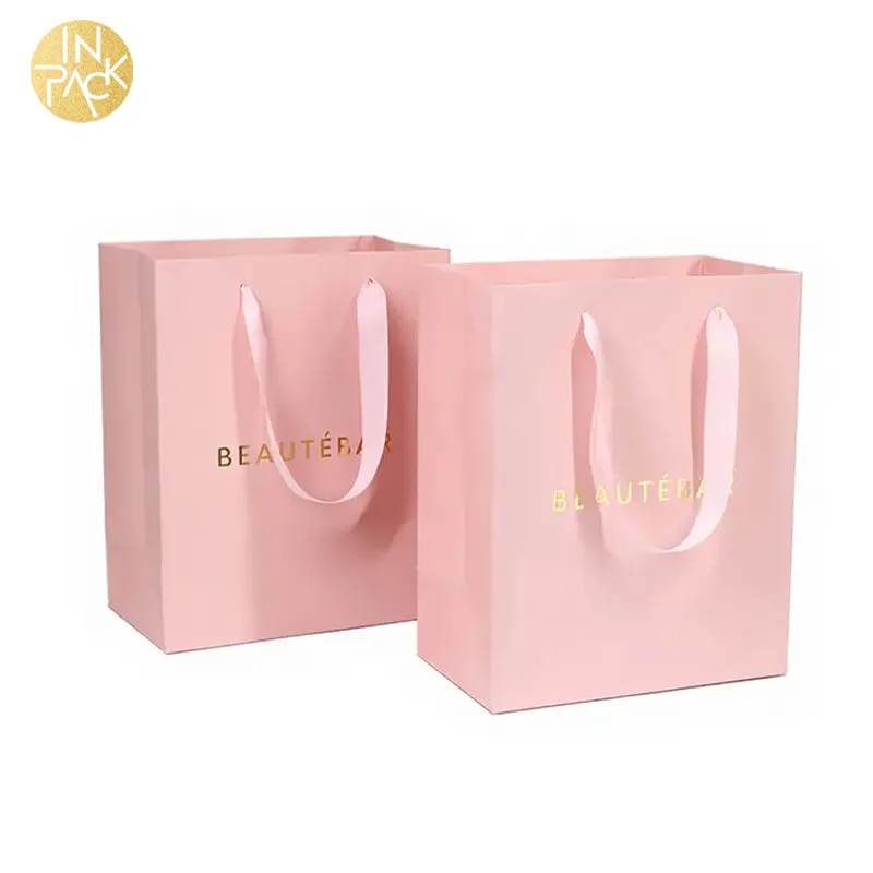 IN confezione personalizzato manico IN nastro rosa imballaggio per lo Shopping Boutique stampato regalo di lusso sacchetti di carta per lo Shopping personalizzati con Logo