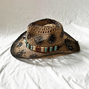 Chapeau de cowboy en paille de papier fait main, style ethnique, orné de pierres précieuses, bande, <span class=keywords><strong>peinture</strong></span> en aérosol, corniche roulée, pare-soleil réglable, chapeaux western - Product Image 2