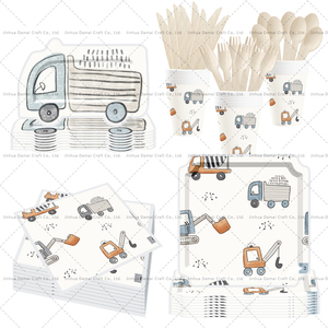 Articles de fête d'anniversaire DAMAI Construction avec un ensemble de vaisselle sur le thème du tracteur et du camion, assiettes, gobelets, serviettes, couverts pour enfants - Product Image 2