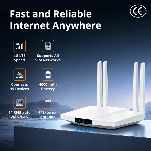JIMI 4G LTE CPE Router Sim Card Slot Multi-Sim Card Wireless WiFi CE Certificate Modem 300mbps Max LAN 2.4G Firewall Home Use