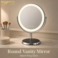 Miroir de maquillage rond argenté avec anneau lumineux intégré et bras en U inclinable, miroir de vanité LED de table avec base en forme de disque effet pierre