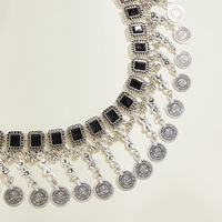 Chaîne de taille vintage bohème avec pendentif pièce de monnaie et pompon, design antique et original en alliage de zinc, accessoires de style ethnique pour femme