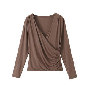 Runqi – chemisier tricoté à manches longues et col en v pour femmes, grande taille, couleur unie, café, haut d'automne, N8778 - Product Image 2