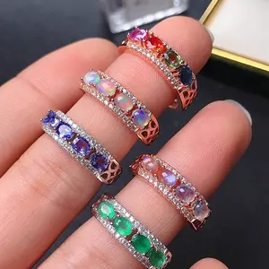 Multiple Natural Opal Sapphire Tanzanite Half Eternity Band Rings S925 Sterling Silver 3*4mm Oval Cut Gemstone Jewelry Wholesale