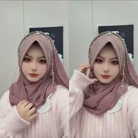 Nouveau foulard musulman pour femmes avec franges papillon et cristaux, voile ethnique en mousseline fait main avec chaîne