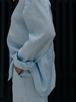 Ensemble en lin bleu ciel 2 pièces, lin de qualité supérieure personnalisé, haut et pantalon en lin uni à manches longues pour femmes, ensemble 2 pièces pour femmes