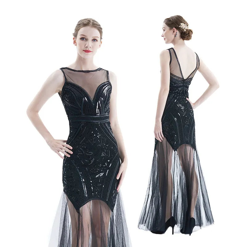 Robe longue transparente sans manches, dos en V, longue robe à paillettes perlées, Vintage 1920s grande robe Gatsby