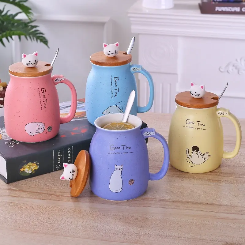 YIDING 귀여운 고양이 세라믹 머그잔 만화 아침 머그잔 우유 커피 차 독특한 도자기 커피 머그잔 뚜껑 숟가락