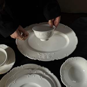 Piring Makan Keramik Motif Tanaman Retro Gaya Prancis, Aman untuk Microwave, Cangkir & Piring Saji Kue Teh Sore Vintage, Putih, untuk Hotel - Product Image 2