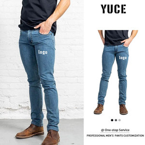<span class=keywords><strong>Jeans</strong></span> Skinny Elasticizzati di Alta Qualità a Vita Media, Denim Blu Personalizzato <span class=keywords><strong>Super</strong></span> Aderente per Pantaloni da Uomo - Product Image 1