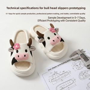 Pantoufles d'été en lin motif vache de dessin animé, personnalisables, respirantes, légères, antidérapantes, pour la maison et l'intérieur, vente en gros - Product Image 5