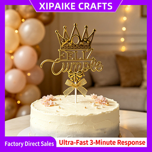 Fabrikpreis Vergoldete Plastik-Krone Feliz Cumple Kuchenaufsatz Schriftzug Spanische Geburtstagsdekoration Quinceanera Party-Deko - Product Image 1