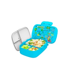 Boîte à lunch bento en plastique de qualité alimentaire à 3 compartiments, étanche et hermétique, compatible micro-ondes, design portable, logo de dessin animé personnalisé, couverts inclus