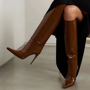 Women's Metal Buckles Patent <b>Long</b> Boots Slim High-Heeled Pointed Toe Knee High Booties Straight Upper on Shoes - Product Image 1