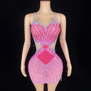 Mini vestido <span class=keywords><strong>de</strong></span> verano con lentejuelas para mujer, tirantes decorados con diamantes rosas, malla elástica para fiesta <span class=keywords><strong>de</strong></span> graduación, <span class=keywords><strong>sala</strong></span> <span class=keywords><strong>de</strong></span> <span class=keywords><strong>baile</strong></span>, eventos nocturnos - Product Image 1