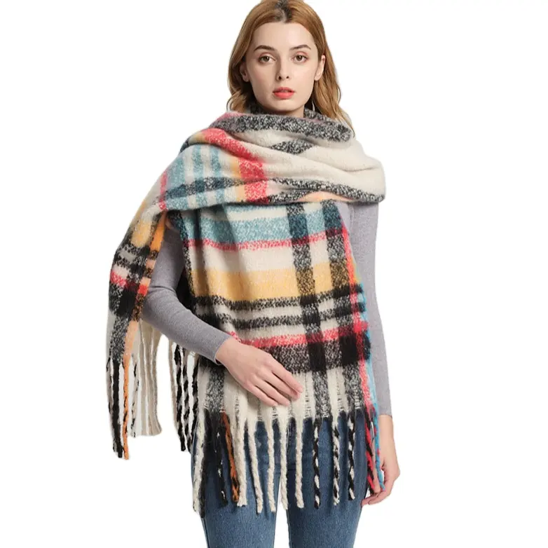 Оптовая продажа, новый дизайн 2022, женские зимние шали из пашмины, модные плотные шали, теплое женское одеяло с кисточками, клетчатый зимний шарф