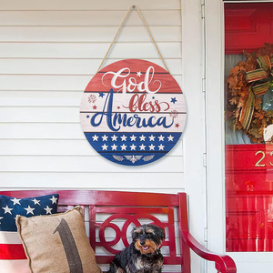 Spot wooden cross-border Independence Day US hanging <b>wall</b> <b>decoration</b> patriotic welcome door sign round red, white and blue - Product Image 4