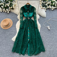 Robe longue décontractée WIWT élégante pour femme, en dentelle verte, à manches longues, coupe trapèze, avec ceinture et col chemise boutonné, idéale pour les fêtes et le quotidien