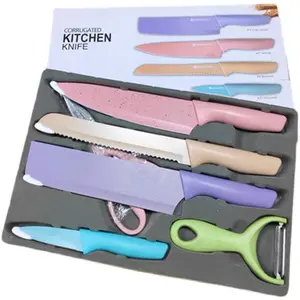 Hot sales colorful wheat straw Kitchen knives 6-Pieces Kit Stainless Steel fruit Knife Scissor Peeler Knife set with gift box