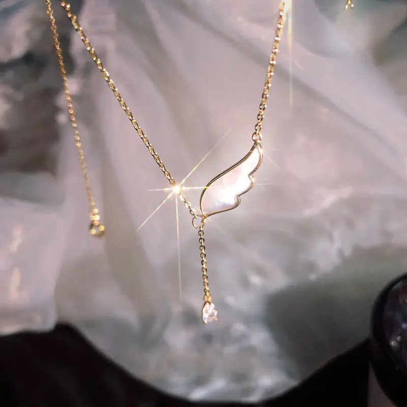 Angel's wing mother pearl white zircon necklace zirconia jewelry gold plated necklace