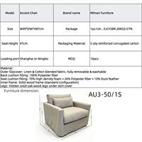 Fauteuil de loisirs monoplace en tissu lin lavable, style français moderne, avec cadre en chêne massif et assise profonde, vente en gros