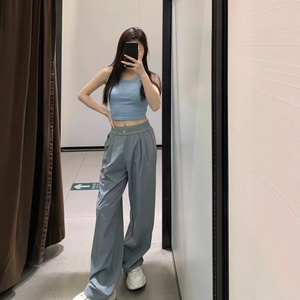 Quần thể thao Yoga giản dị Quần Dệt ống rộng quần cao co giãn thắt lưng ruy băng lỏng thoáng khí nhẹ chéo màu trơn - Product Image 1