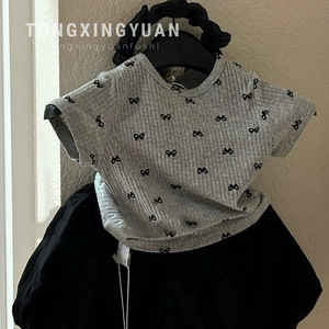 Girls Two Piece Set Grey T-Shirt Black Skirt Cotton Summer Outfit For Kids - Product Image 5